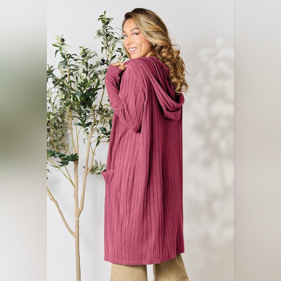 Basic Bae Designer Fushia Full Size Hooded Sweater Cardigan - Picture 3 of 8
